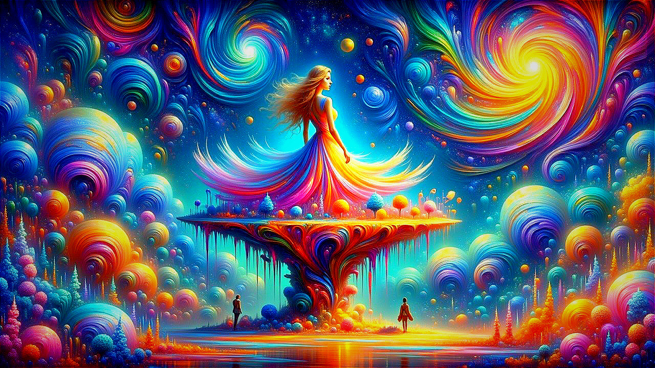 Surreal Landscape with Flowing Gown and Vibrant Colors