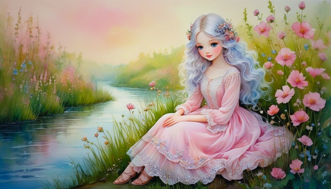 Young girl by a river in a pastel fairytale scene