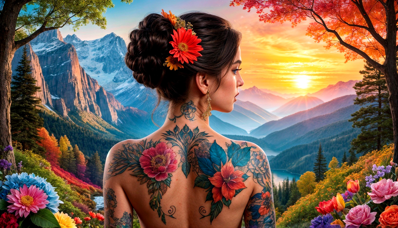 Tattooed Woman in Scenic Mountain Landscape at Sunset