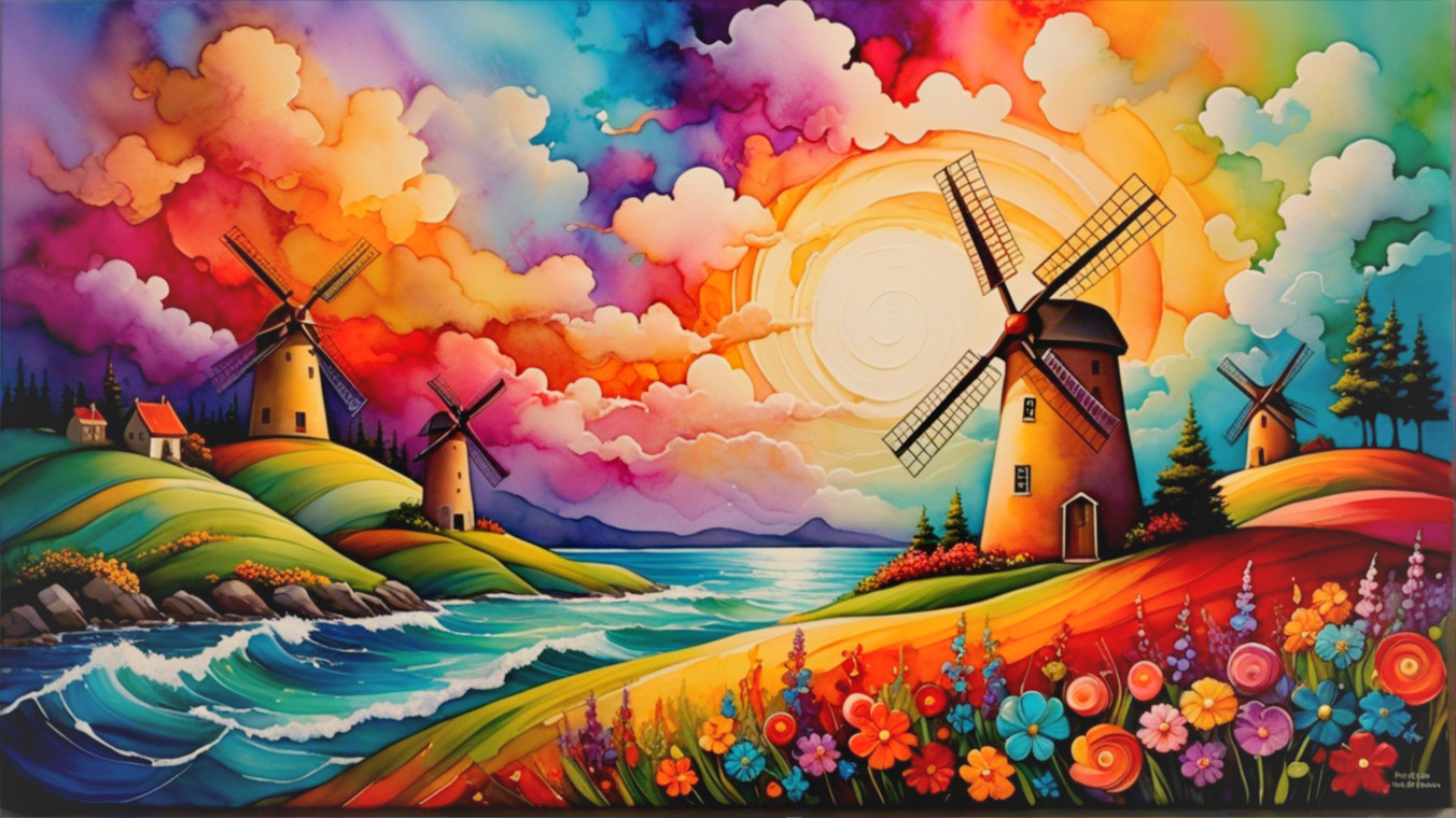 Vibrant Landscape with Windmills and Sunset Colors