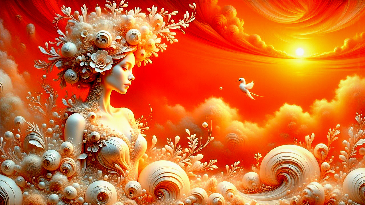 Ethereal Figure Surrounded by Floral Elements at Sunset