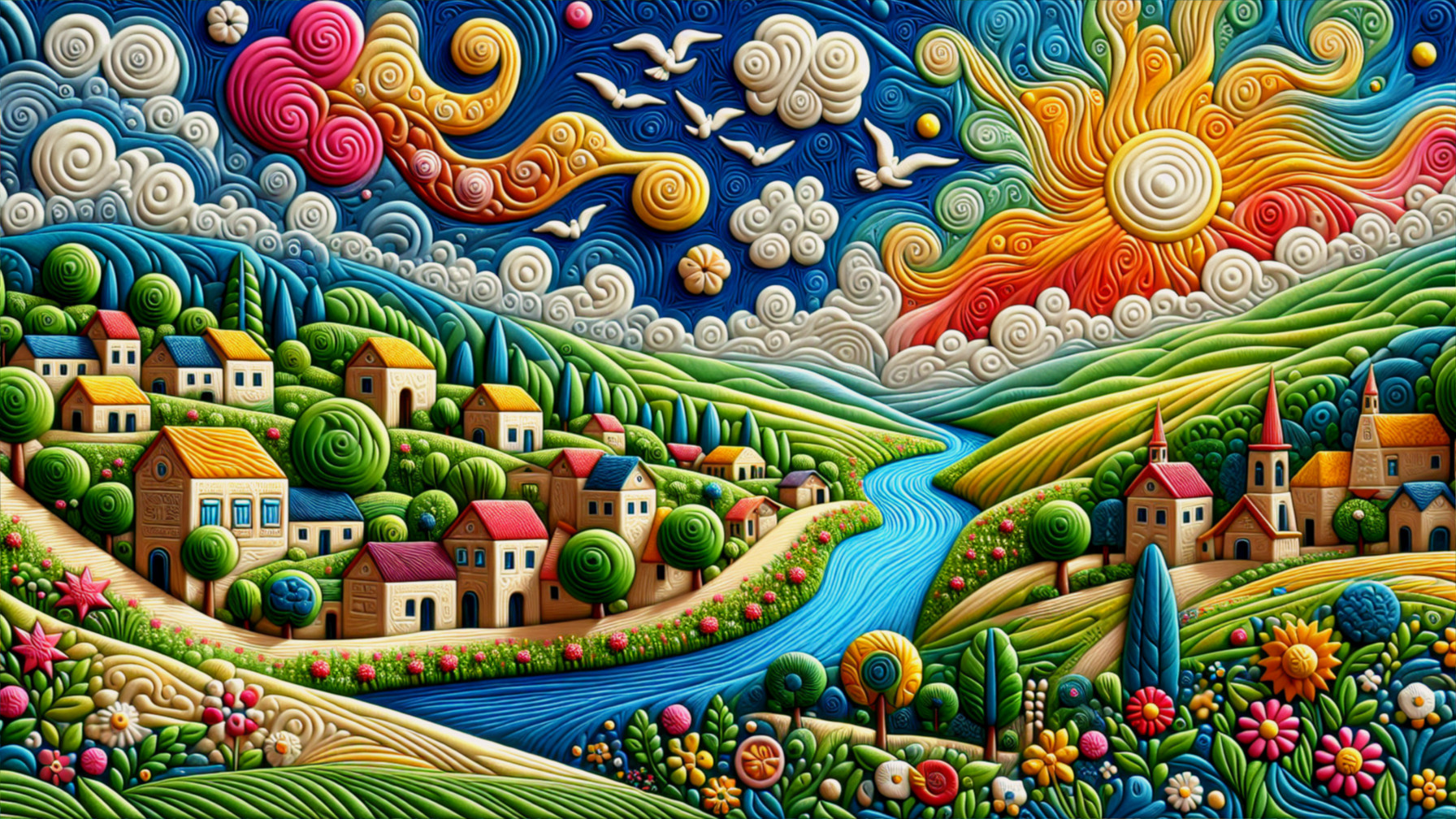 Vibrant Landscape with Rolling Hills and River