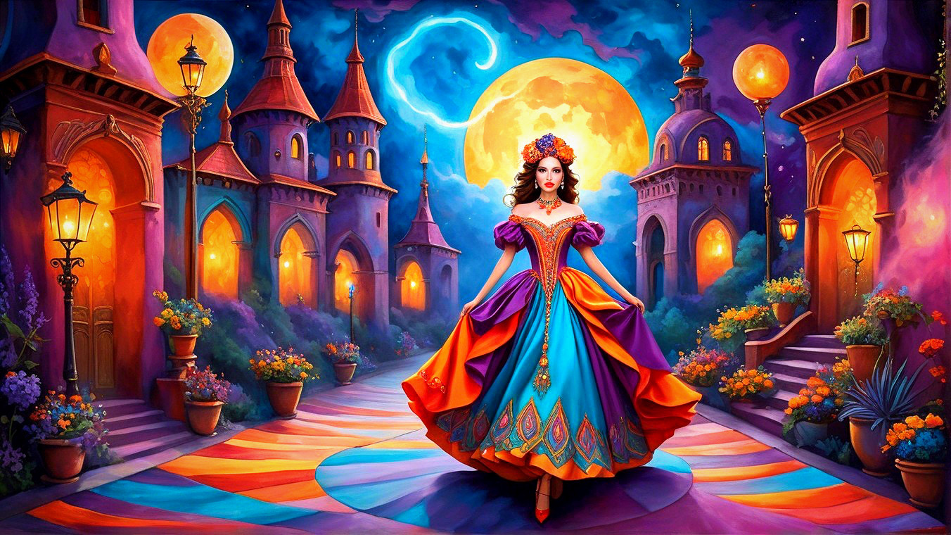 Fantastical Village Scene with Colorful Gown and Lanterns