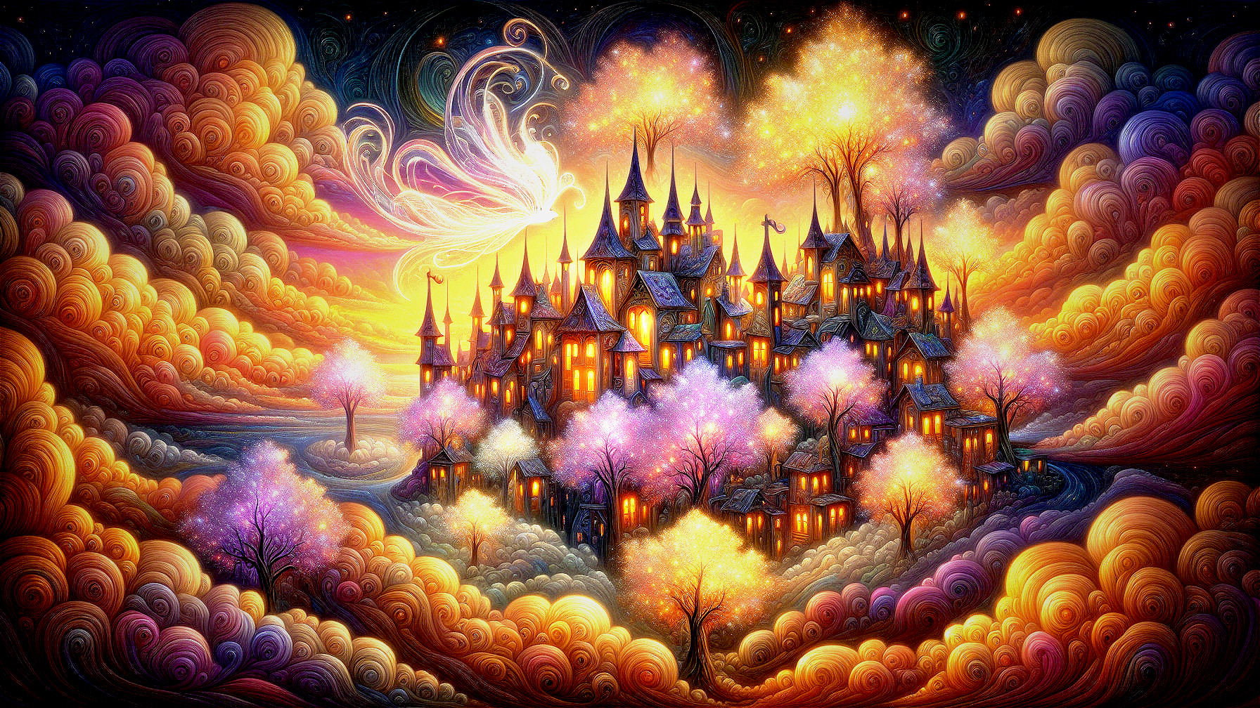 Whimsical Fantasy Scene with Magical Castle and Fairy
