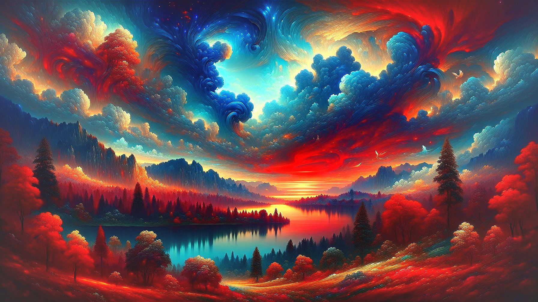 Vibrant Landscape with Reflective Lake and Mountains