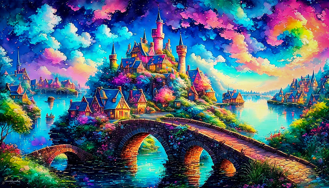 Vibrant Castle Landscape with Colorful Flowers and Lake