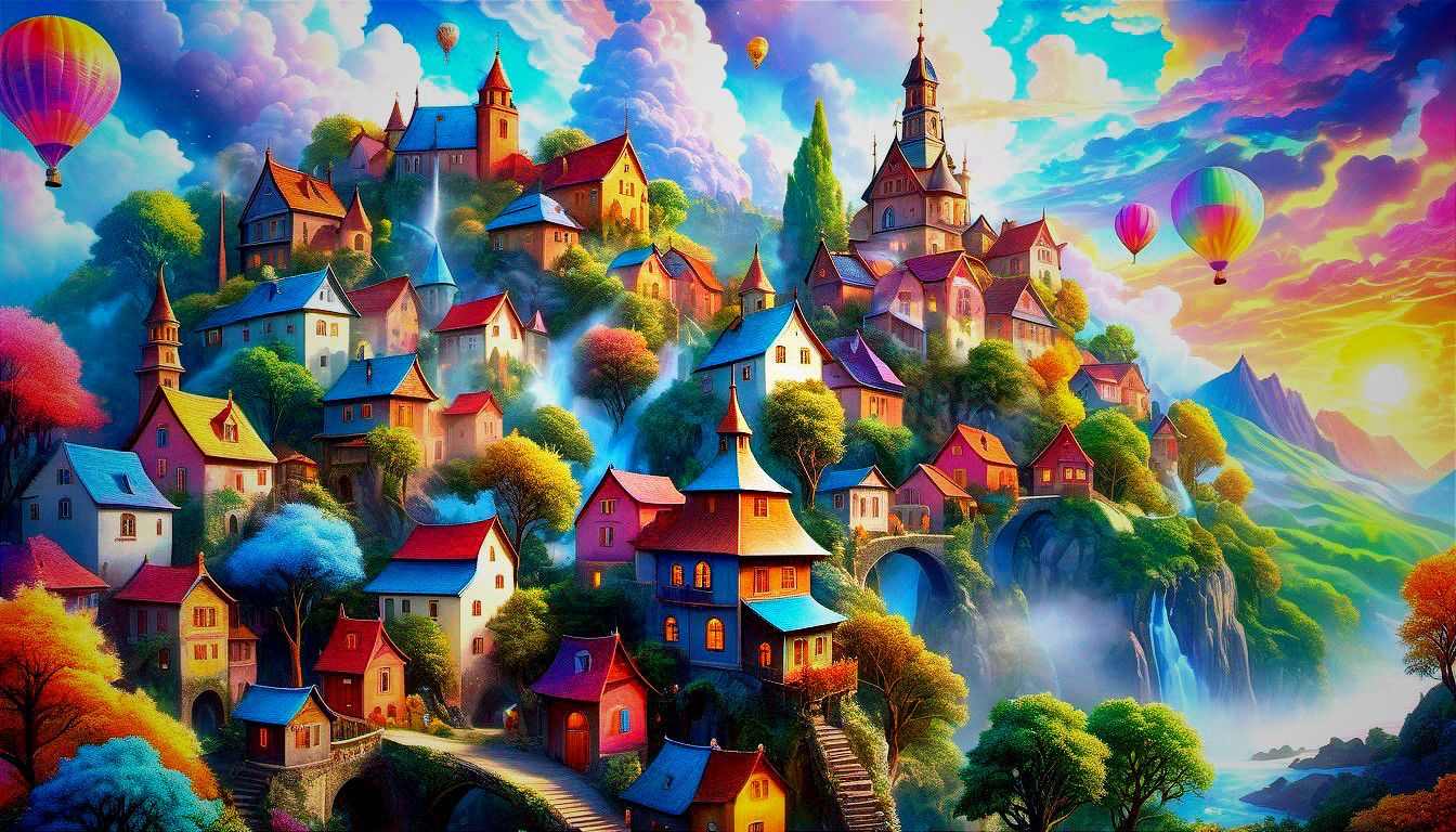 Vibrant Fantasy Landscape with Colorful Village and Balloons