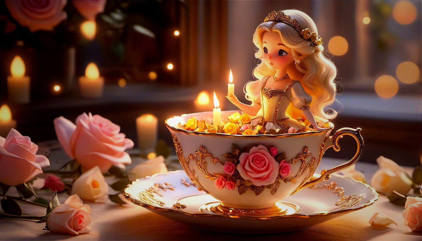 Delicate figurine in ornate teacup with flowers and glow