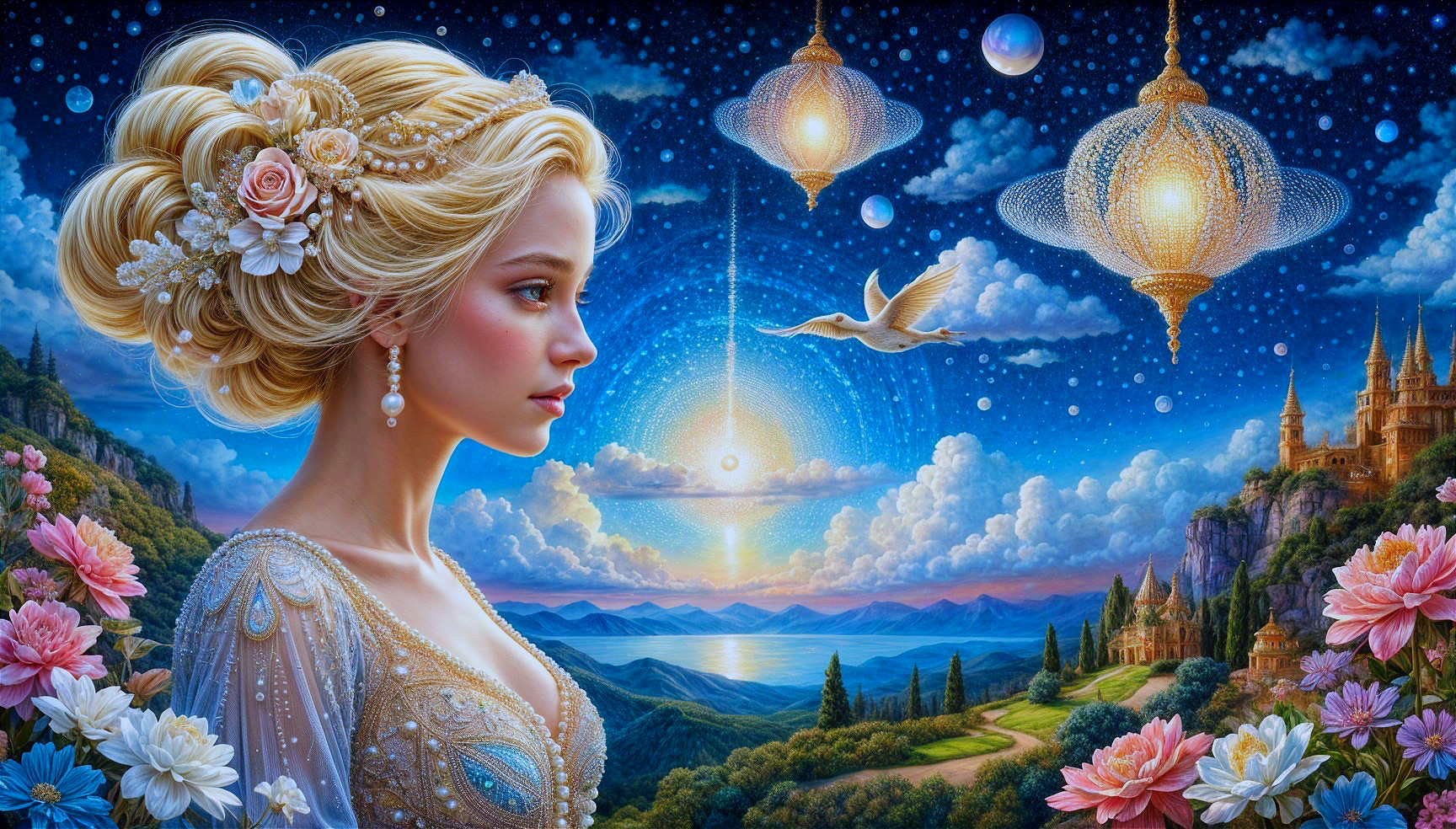 Serene Woman in Fantastical Landscape with Lanterns