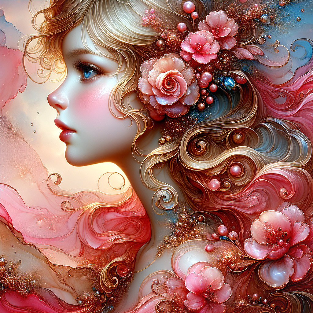 Dreamy Portrait of a Young Woman with Flowers and Pearls