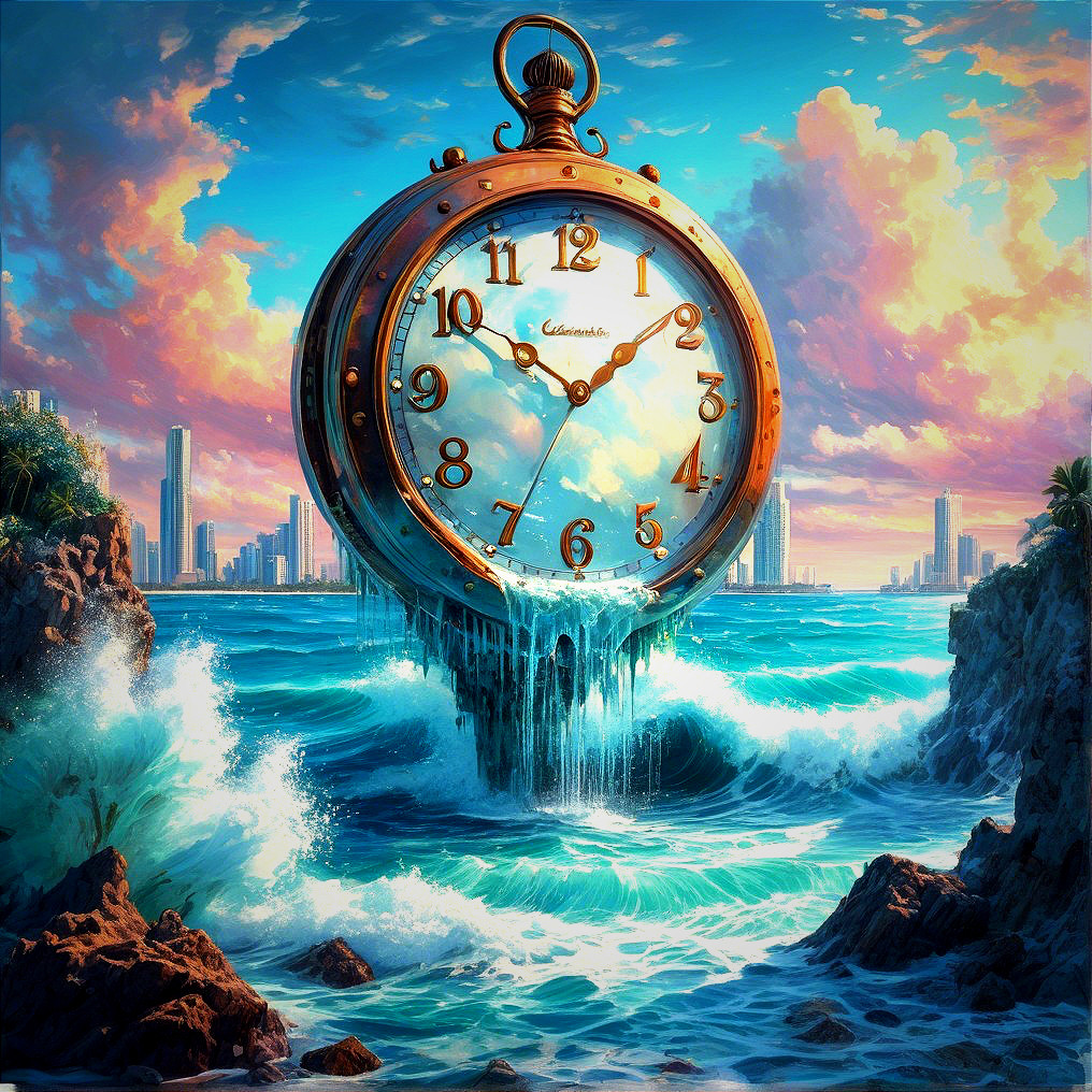 Surreal Pocket Watch Above Ocean Waves and Skyline