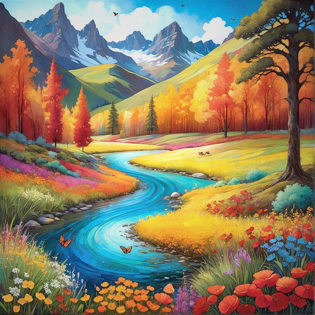 Vibrant Autumn Landscape with River and Colorful Trees