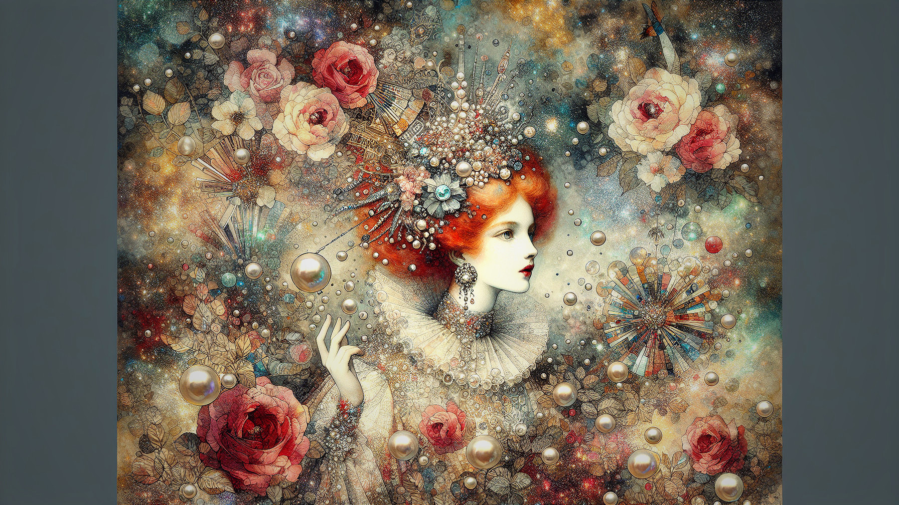 Artistic portrayal of a woman with red hair and jewels