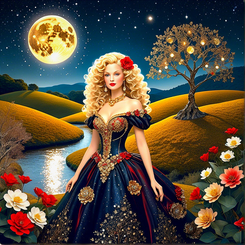 Regal woman in ornate gown by shimmering river