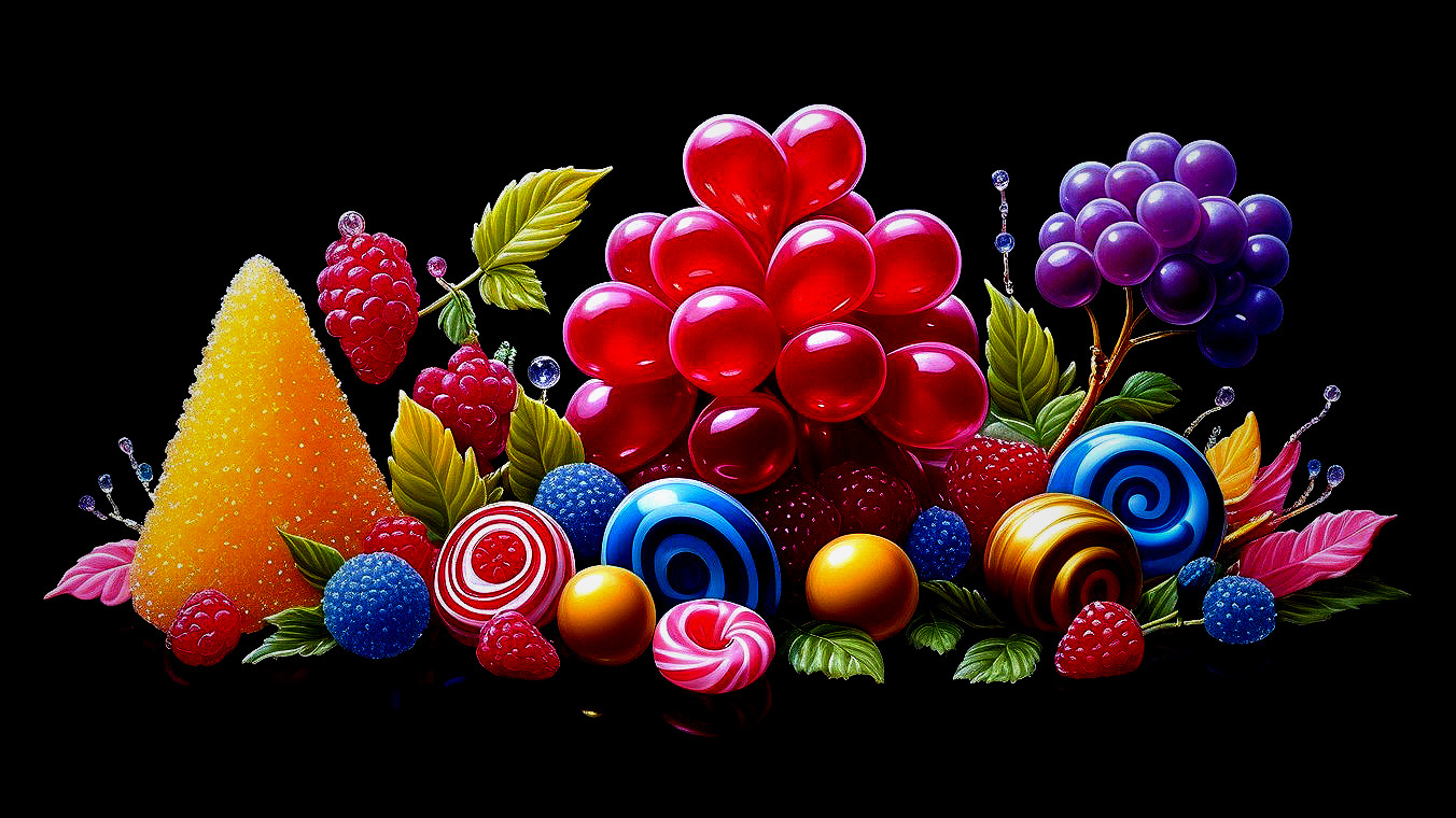 Vibrant Fruit and Candy Arrangement on Black Background