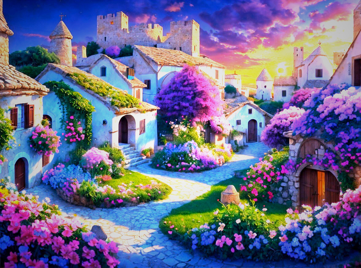 Picturesque Village with Stone Cottages at Sunset