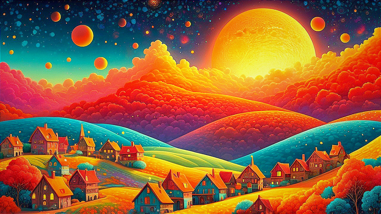 Vibrant landscape with colorful houses and sunset sky