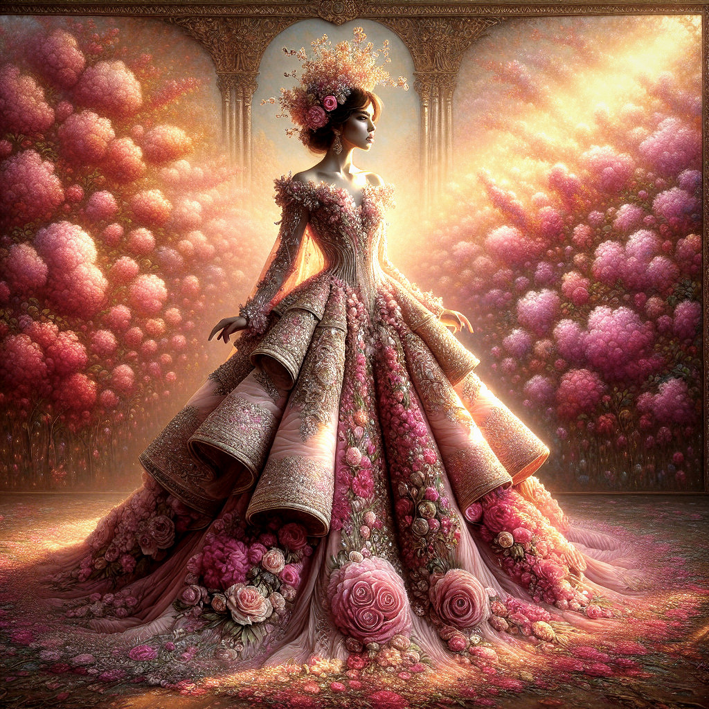 Elegant Figure in Floral Garden with Intricate Gown