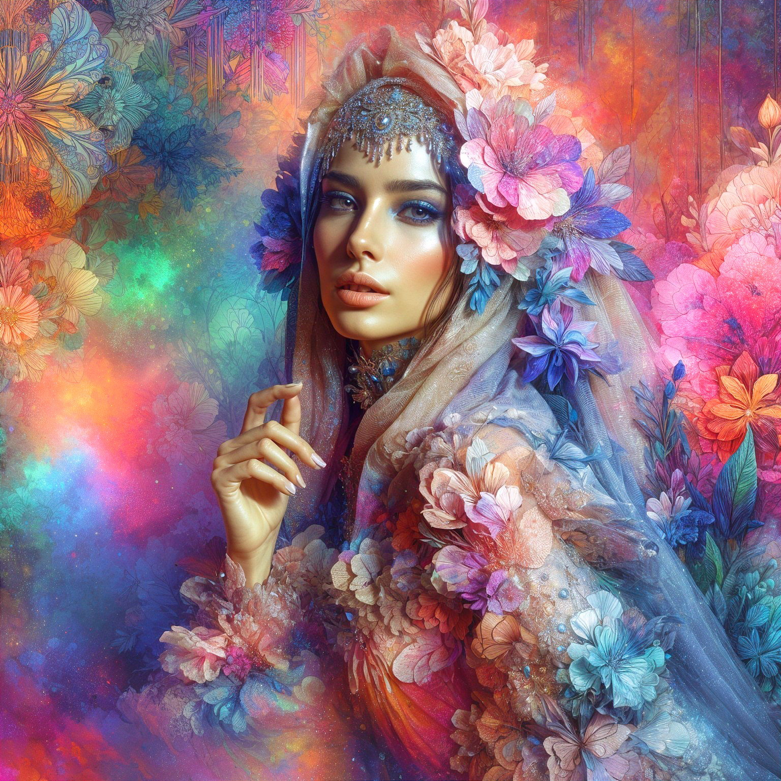 Colorful Floral-Themed Outfit Against Abstract Backdrop