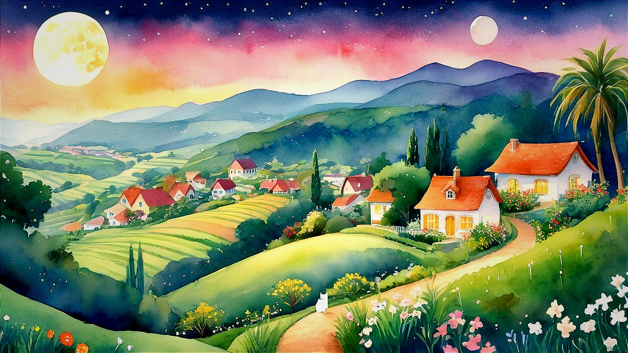 Serene Landscape with Starlit Sky and Rolling Hills