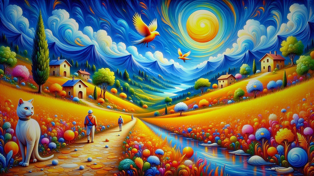 Surreal Landscape with Colorful Houses and Flowers