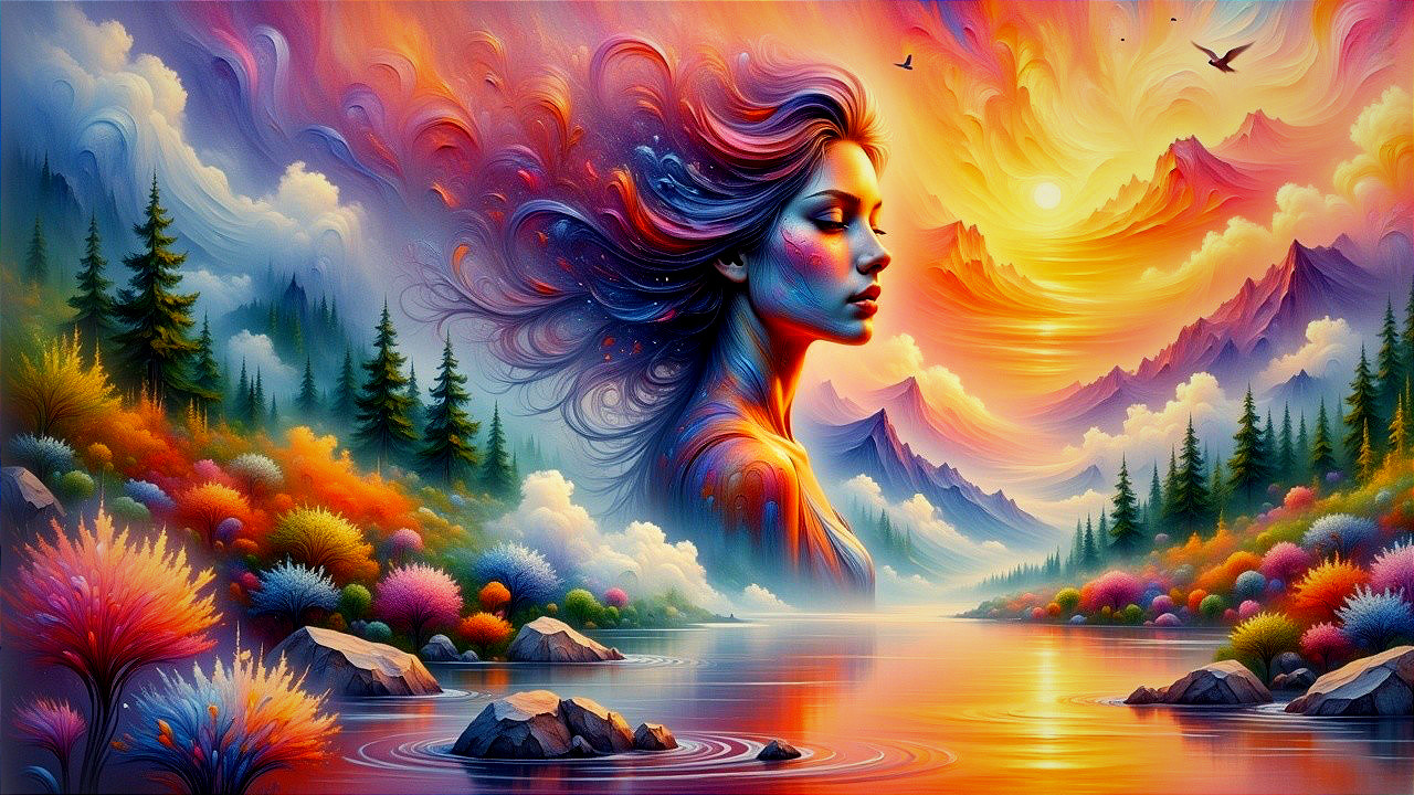 Surreal Landscape with Sunset and Reflective Lake