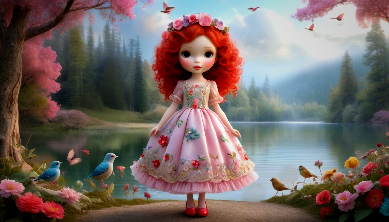 Doll with Red Curly Hair by Serene Lake and Flowers