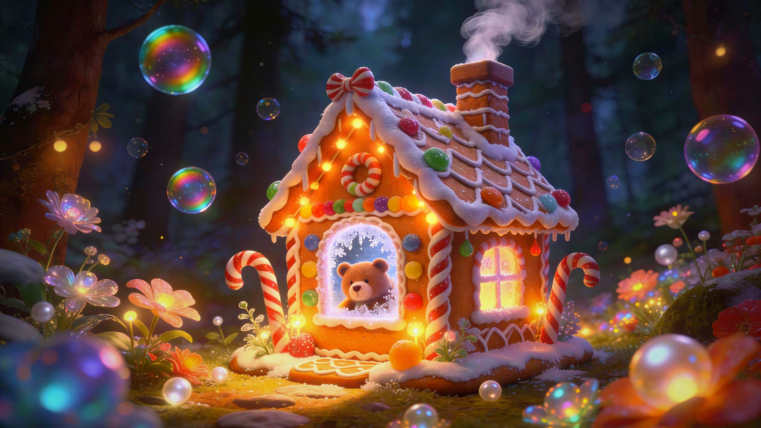 Gingerbread House Decorated with Lights in Forest Night