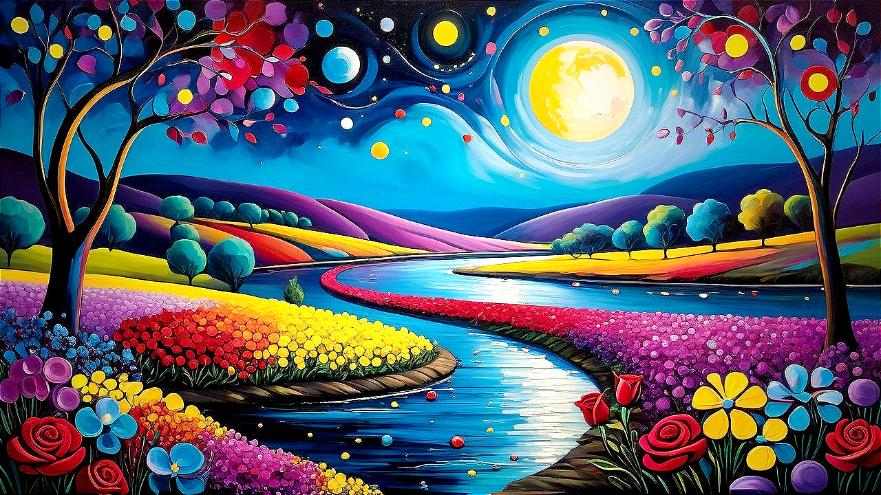 Vibrant Colorful Landscape with Rolling Hills and River