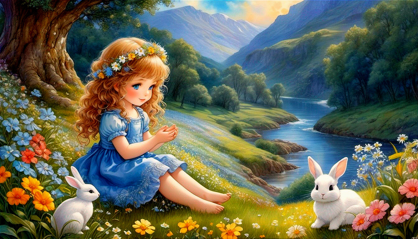Young girl in meadow with rabbits and mountains