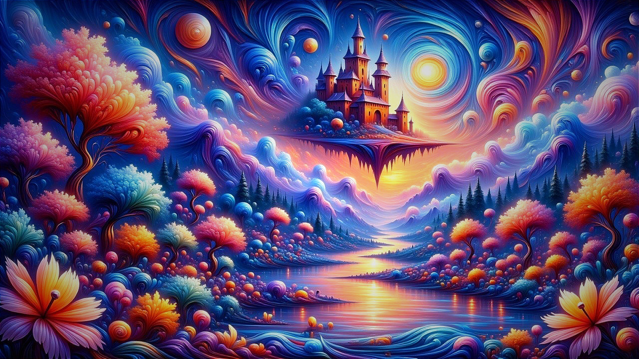 Vibrant Dreamlike Landscape with Floating Castle