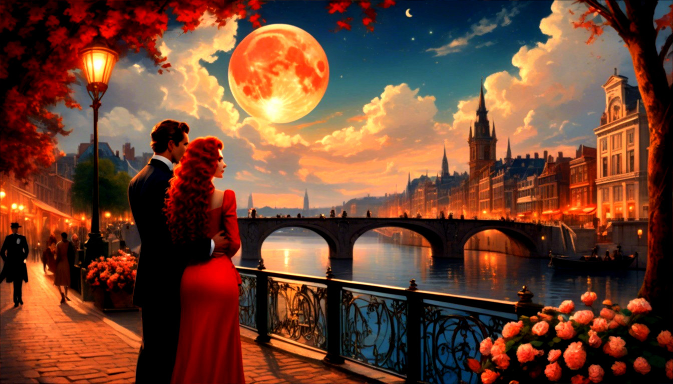 Twilight Romance by a Serene River and Cityscape