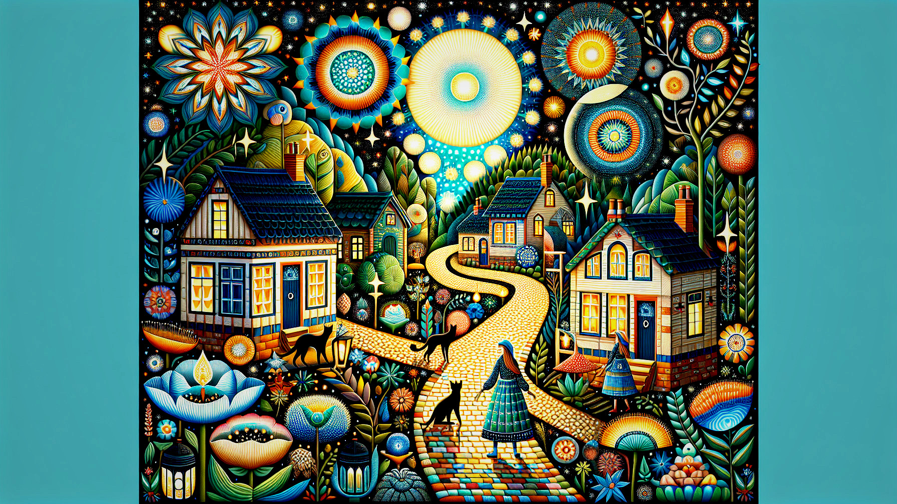 Colorful Village Scene Under Starry Night Sky