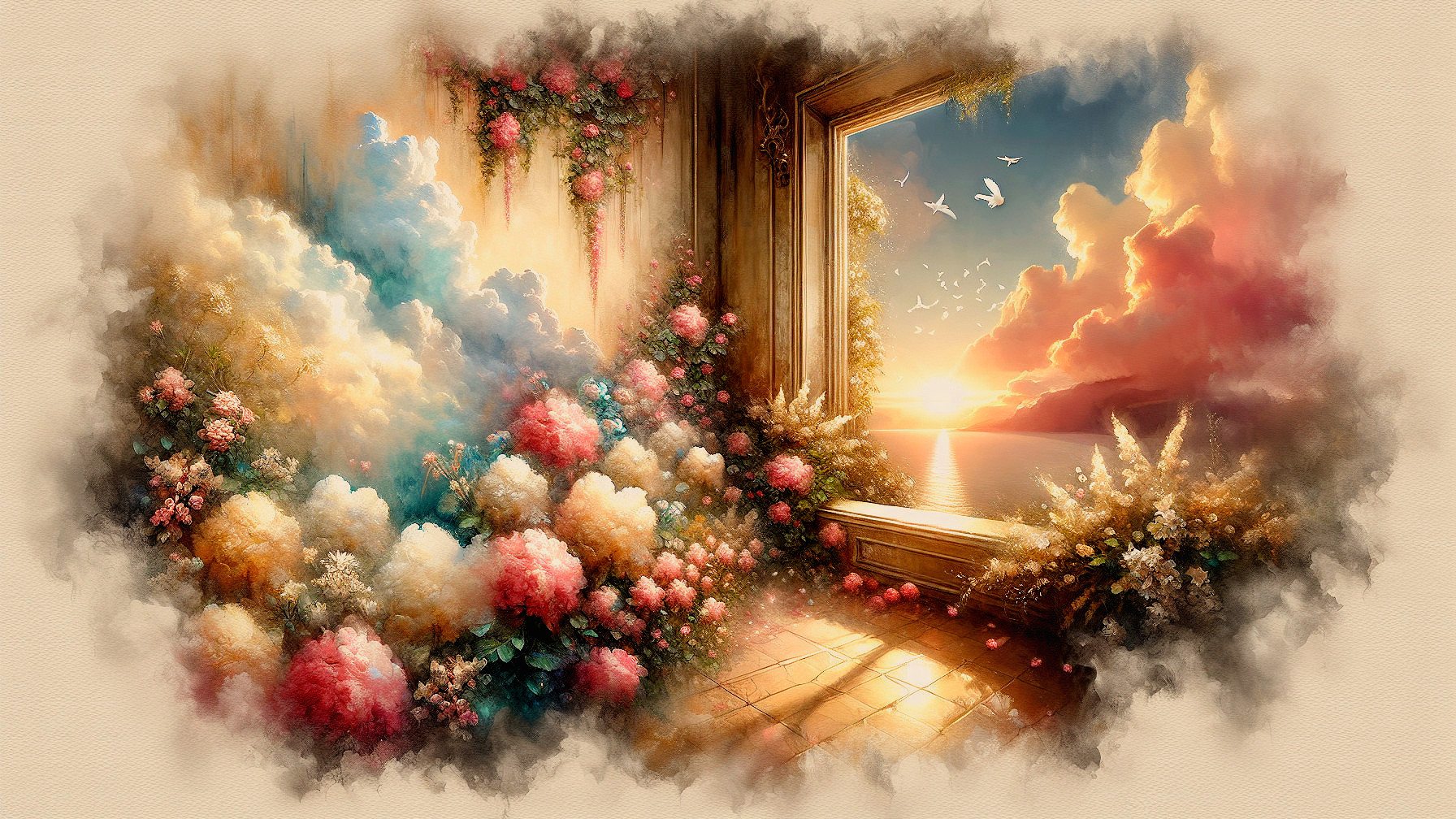 Dreamy Landscape View from an Open Window at Sunset