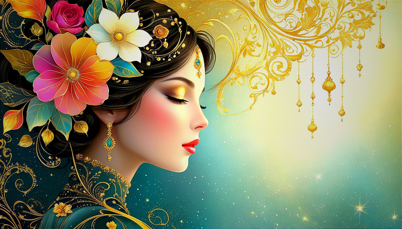 Elegantly Styled Woman with Floral Accents and Patterns