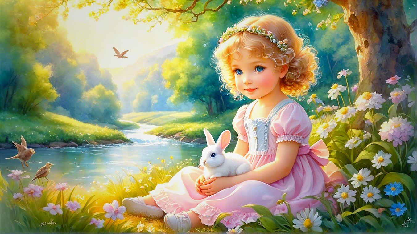Young girl with rabbit by tranquil stream and flowers