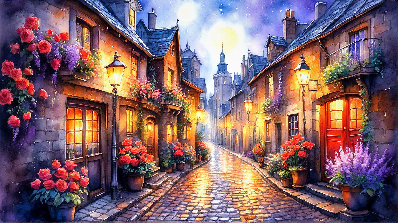 Charming Cobblestone Street with Warm Lights and Flowers