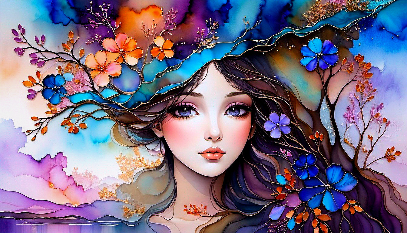 Illustration of a Serene Young Woman in Nature