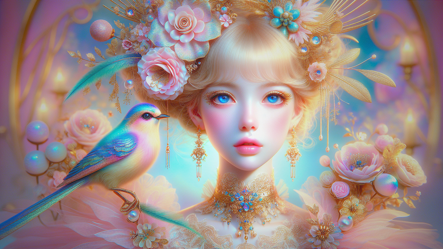 Young woman in flowers with pastel colors and jewels