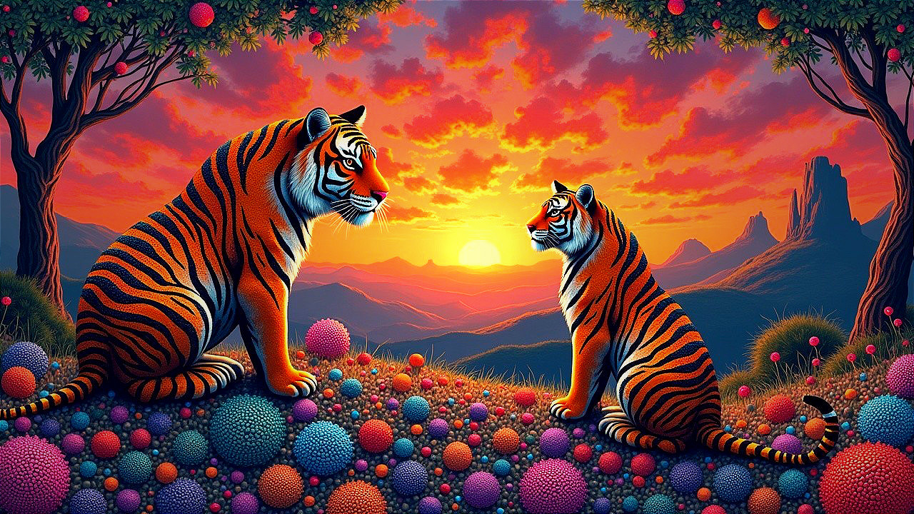 Tigers in a Colorful Sunset Landscape with Mountains