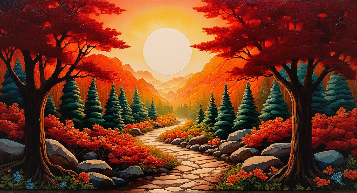 Winding Stone Path Amidst Vibrant Autumn Landscape