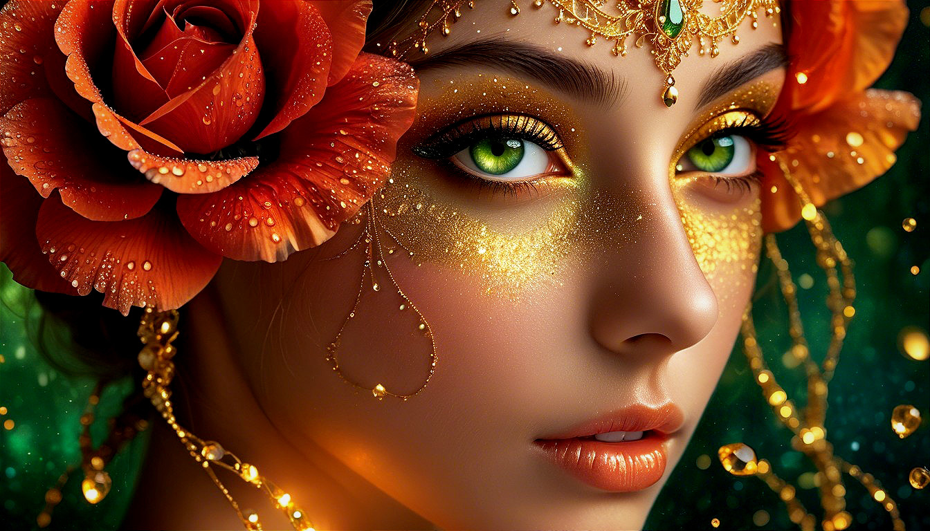 Close-Up Portrait of a Woman with Green Eyes and Roses