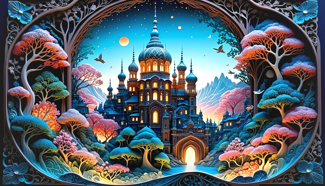 Intricate Castle in Twilight with Vibrant Foliage