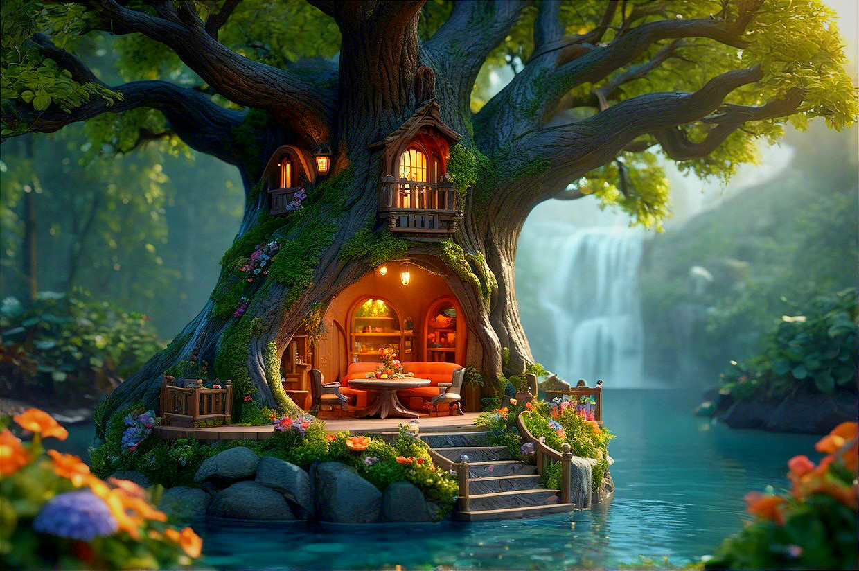 Whimsical Treehouse by a Tranquil Sparkling Lake