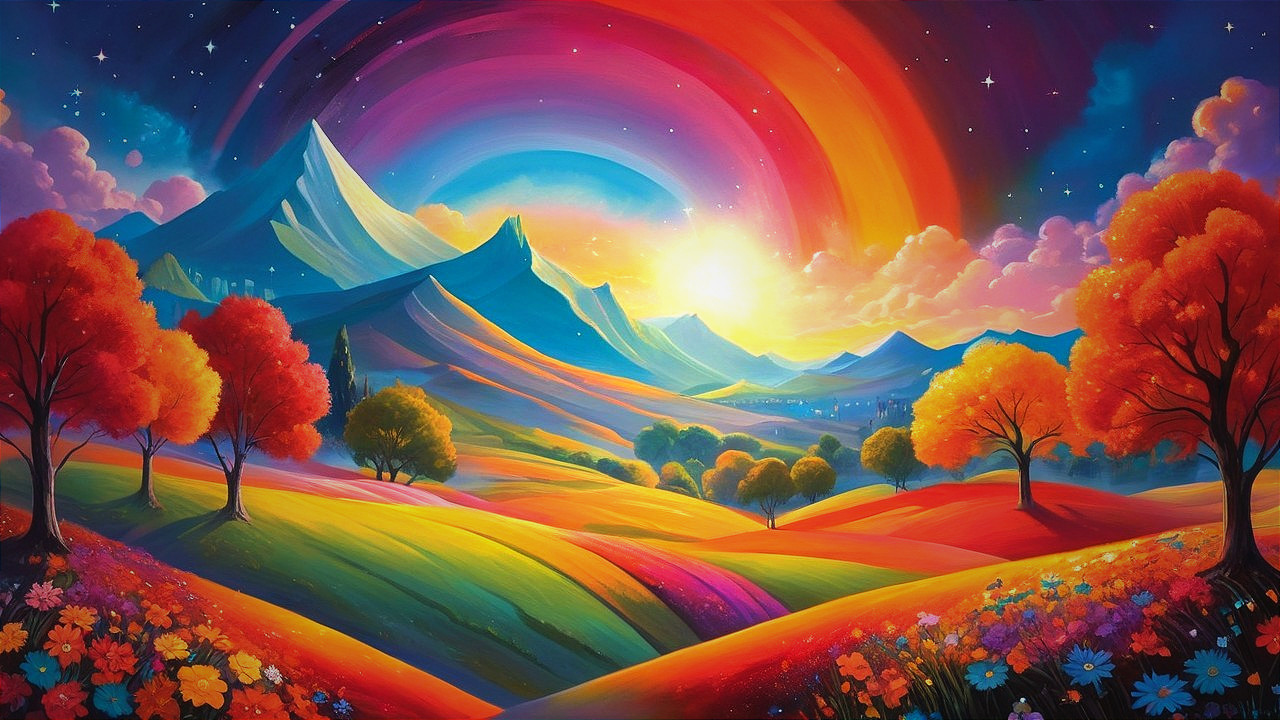 Vibrant Landscape with Colorful Hills and Mountains