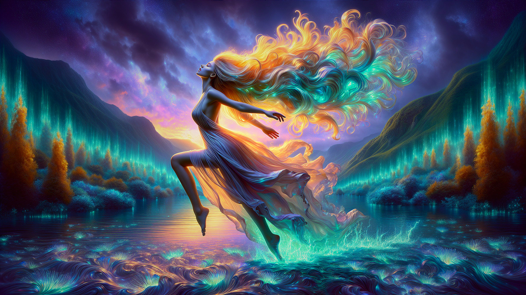 Luminous figure leaps over shimmering water at sunset
