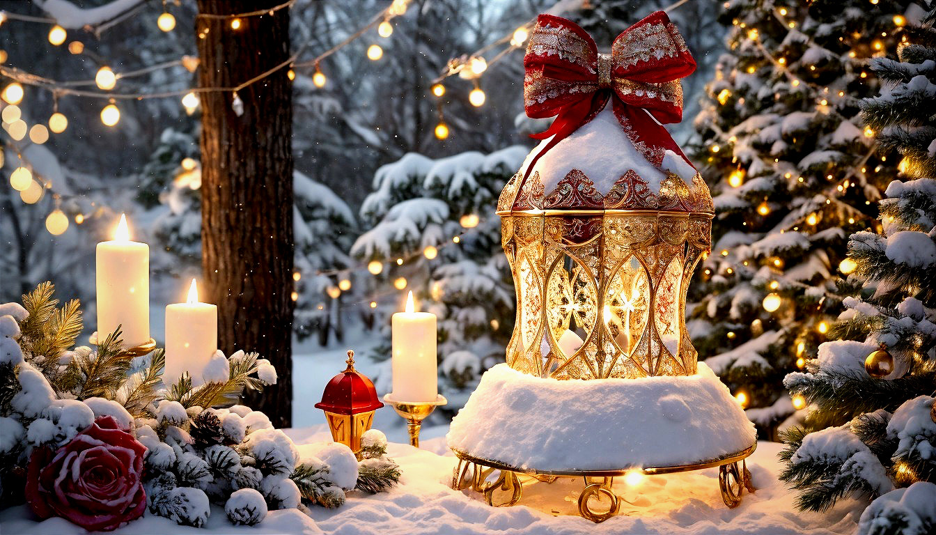 Snowy Outdoor Scene with Lantern and Festive Decor