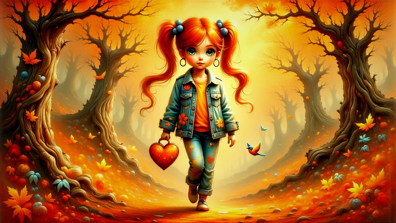 Autumn Forest Scene with Young Girl and Colorful Leaves