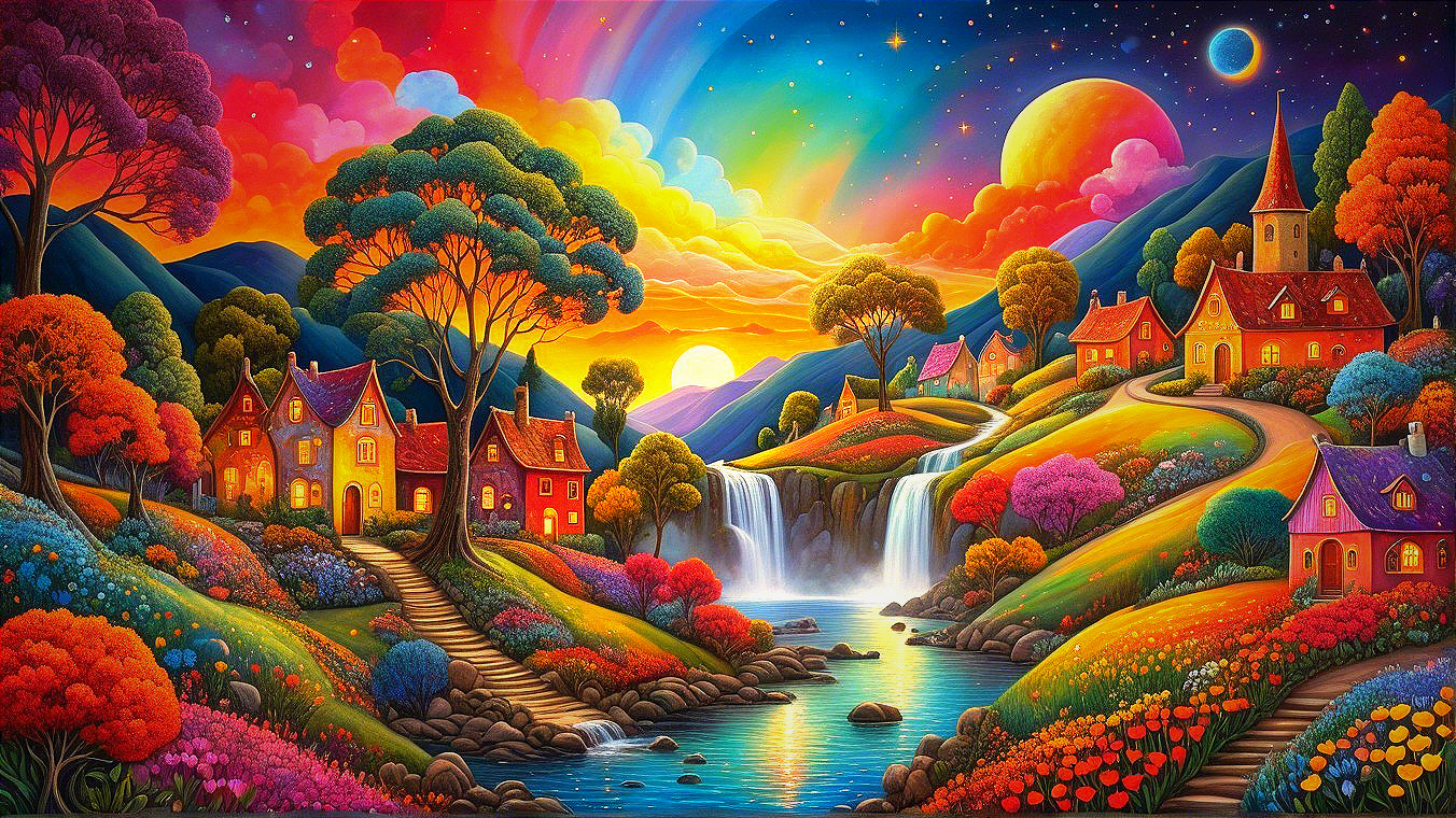 Vibrant Colorful Landscape with Whimsical Village