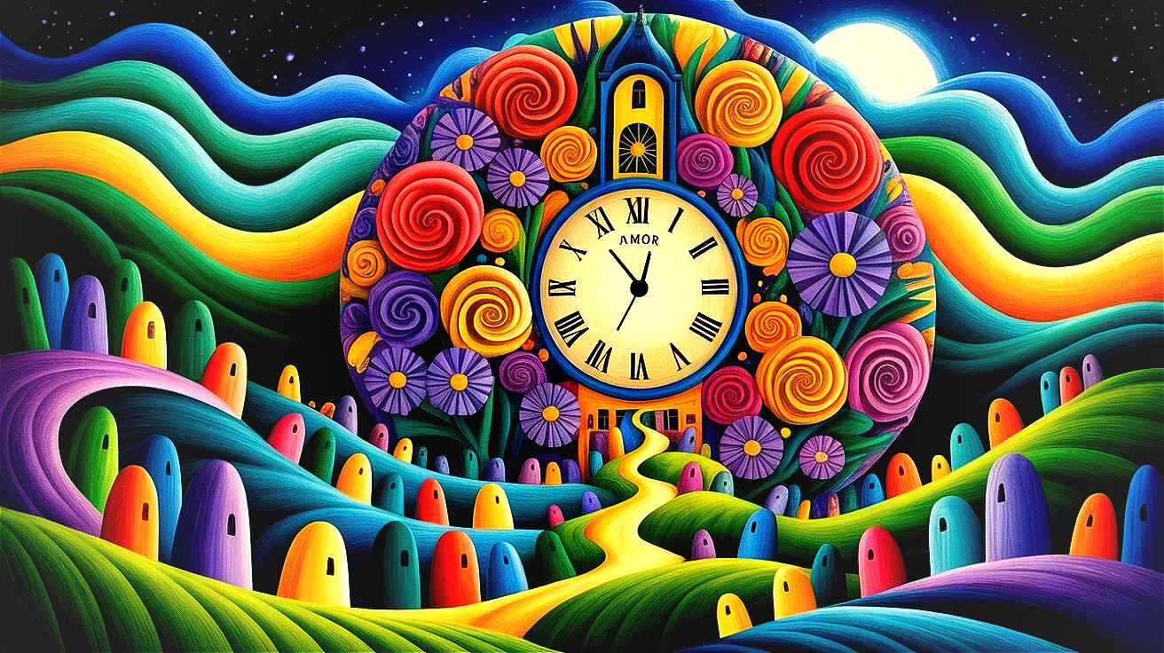 Vibrant Landscape with Whimsical Clock and Flowers